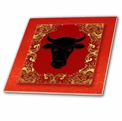 3dRose Chinese Zodiac Year Of The Ox Chinese New Year Red, Gold And Black - Ceramic Tile, 8-inch