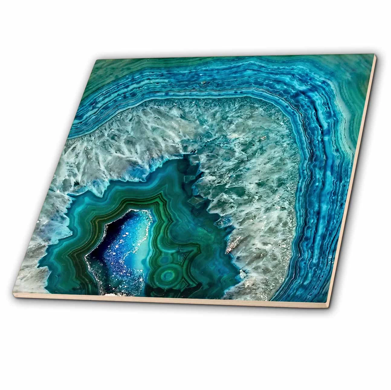 3dRose Luxury Aqua Blue Marble Agate Gem Mineral Stone - Ceramic Tile, 4-inch