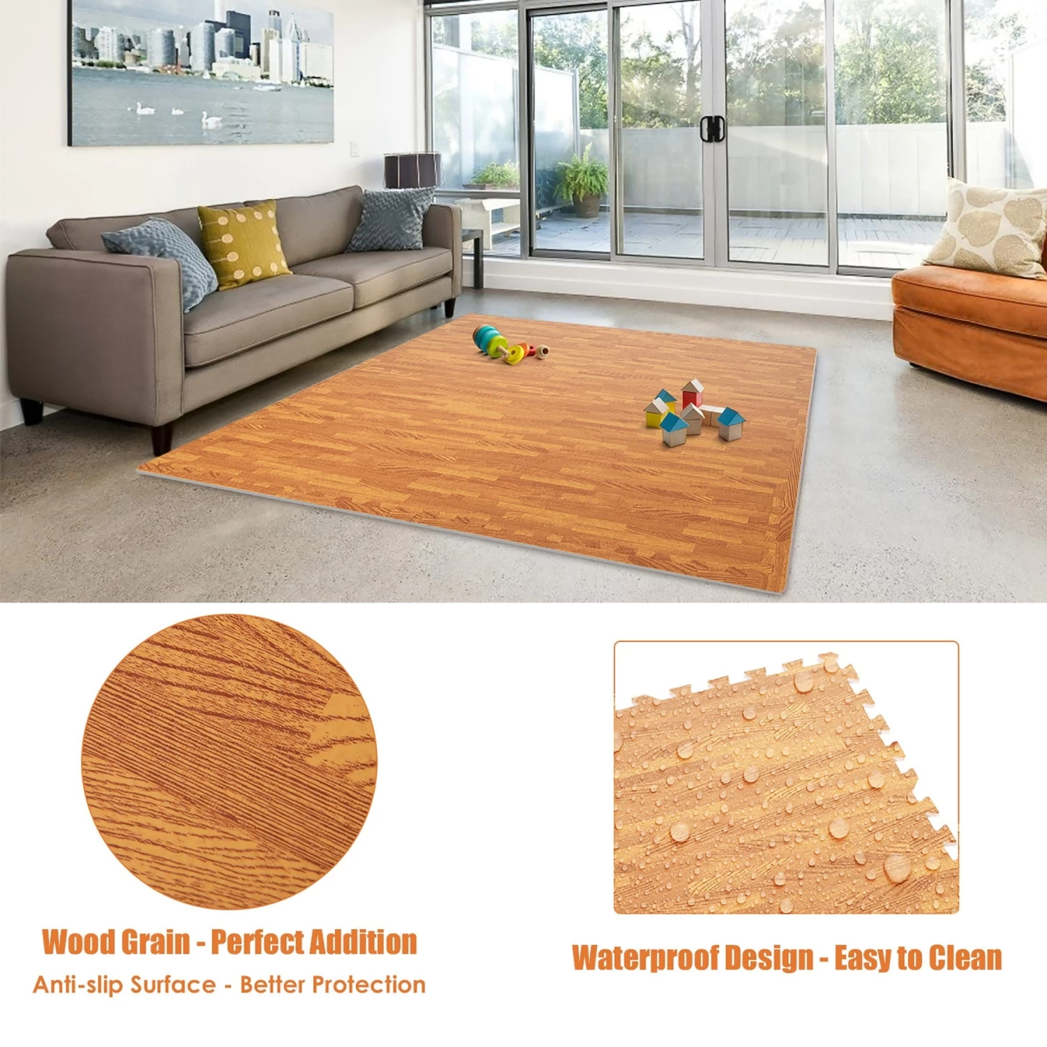 Costway 12PC Wood Grain Interlocking Floor Mats 3/8 Inch Printed Foam Tiles 24 X 24 Inch - Image 7