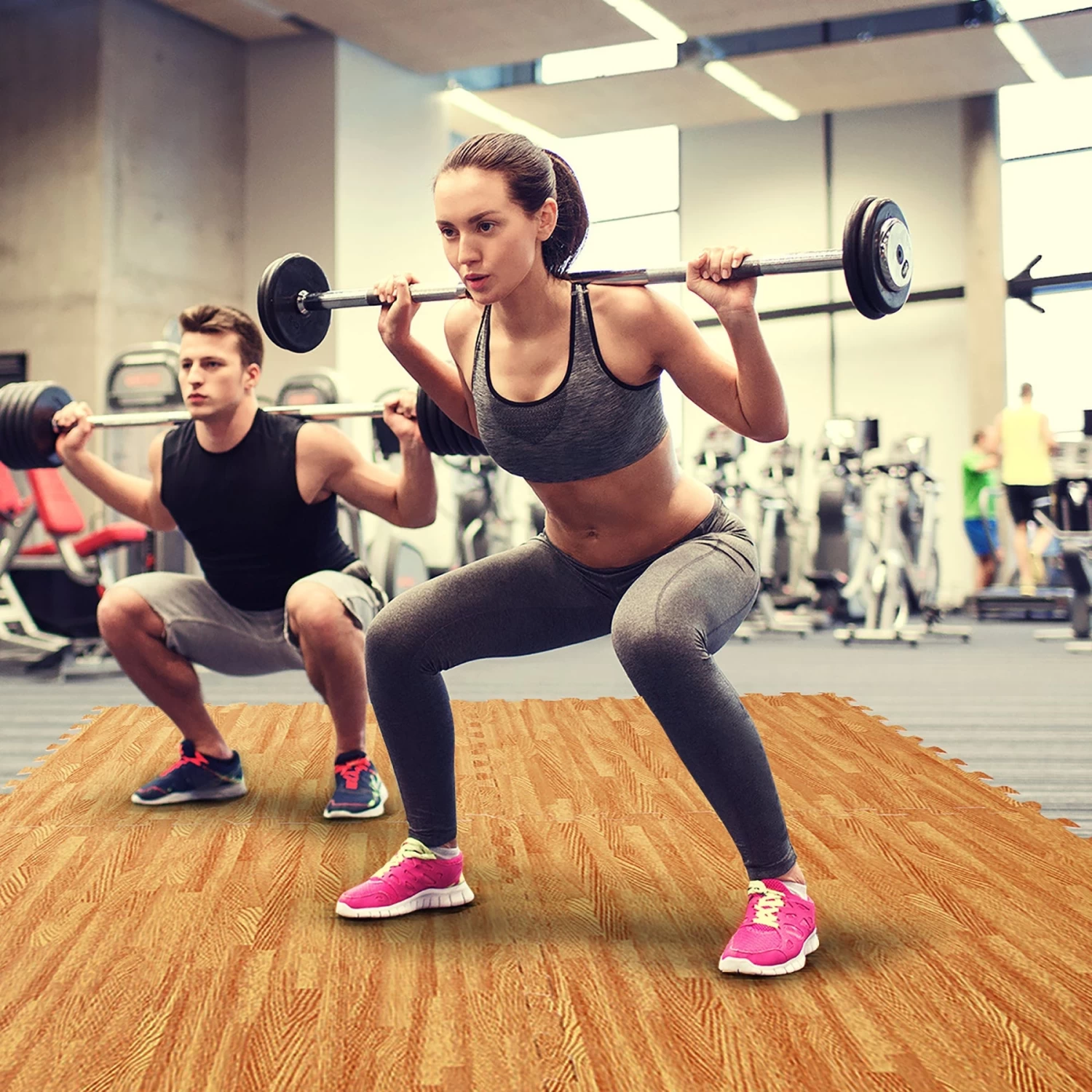 Costway 12PC Wood Grain Interlocking Floor Mats 3/8 Inch Printed Foam Tiles 24 X 24 Inch - Image 3