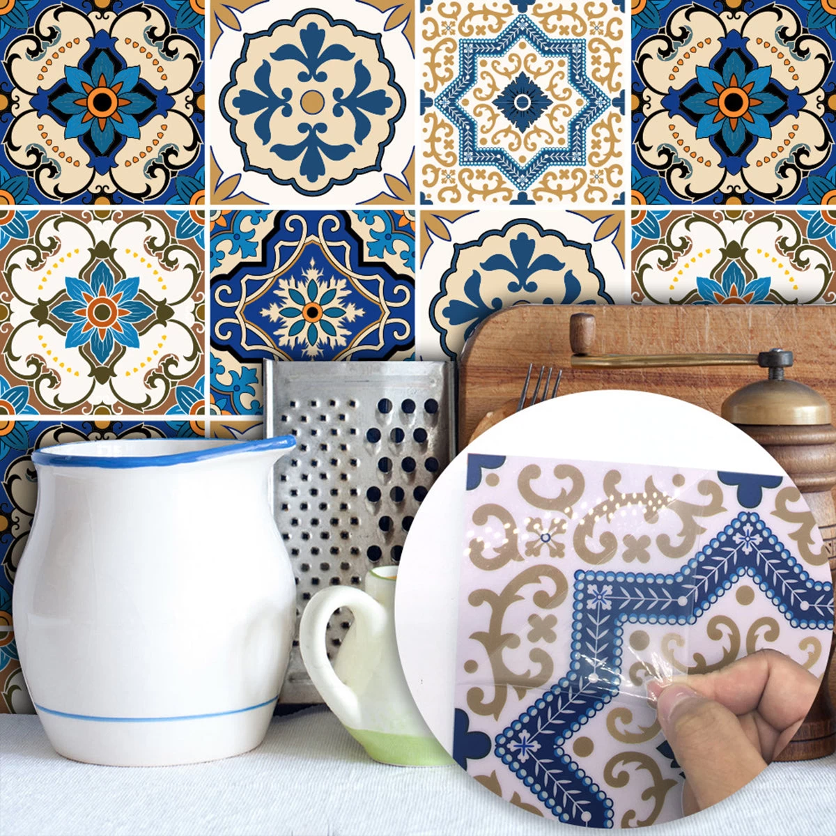 Goory 10 Pcs Moroccan Style Tile Sticker Backsplash Peel & Stick Kitchen Tile Decal, 8x8 Inches. - Image 3